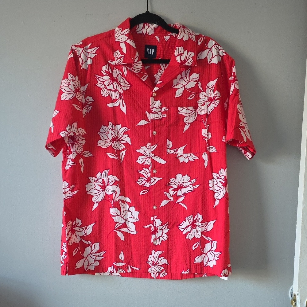GAP Men's Cotton Floral  Short Sleeve Shirt Coral Red Sz L NWT Beach Vacation